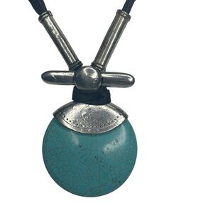 Fossil Turquoise Round Pendant Necklace Silver Setting & Clasp